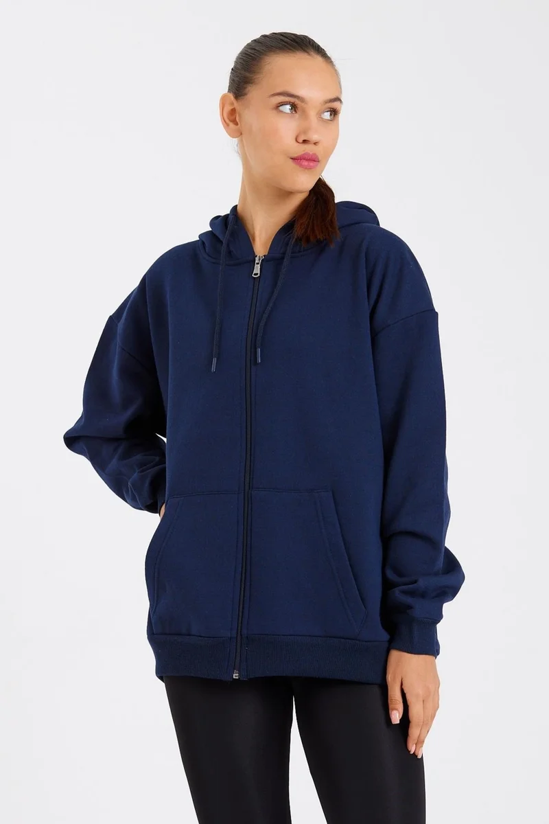 ميتاليك Kangaroo Pocket Hooded Zippered Inside Fleece Navy Blue Women's Cardigan