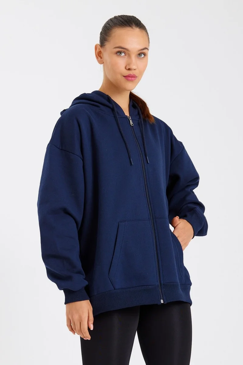 ميتاليك Kangaroo Pocket Hooded Zippered Inside Fleece Navy Blue Women's Cardigan