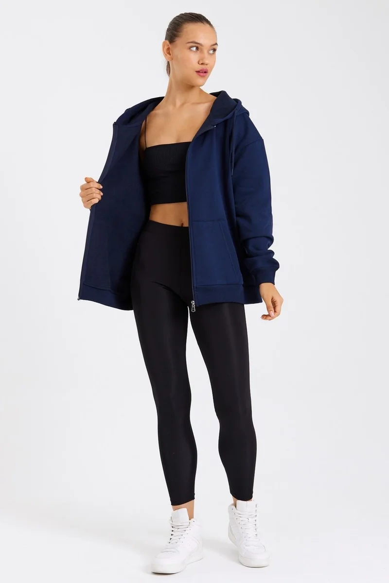 ميتاليك Kangaroo Pocket Hooded Zippered Inside Fleece Navy Blue Women's Cardigan
