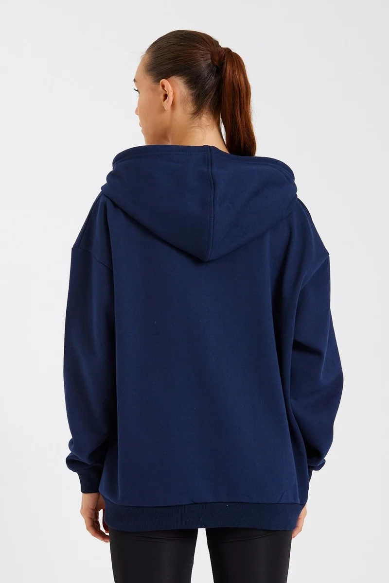 ميتاليك Kangaroo Pocket Hooded Zippered Inside Fleece Navy Blue Women's Cardigan