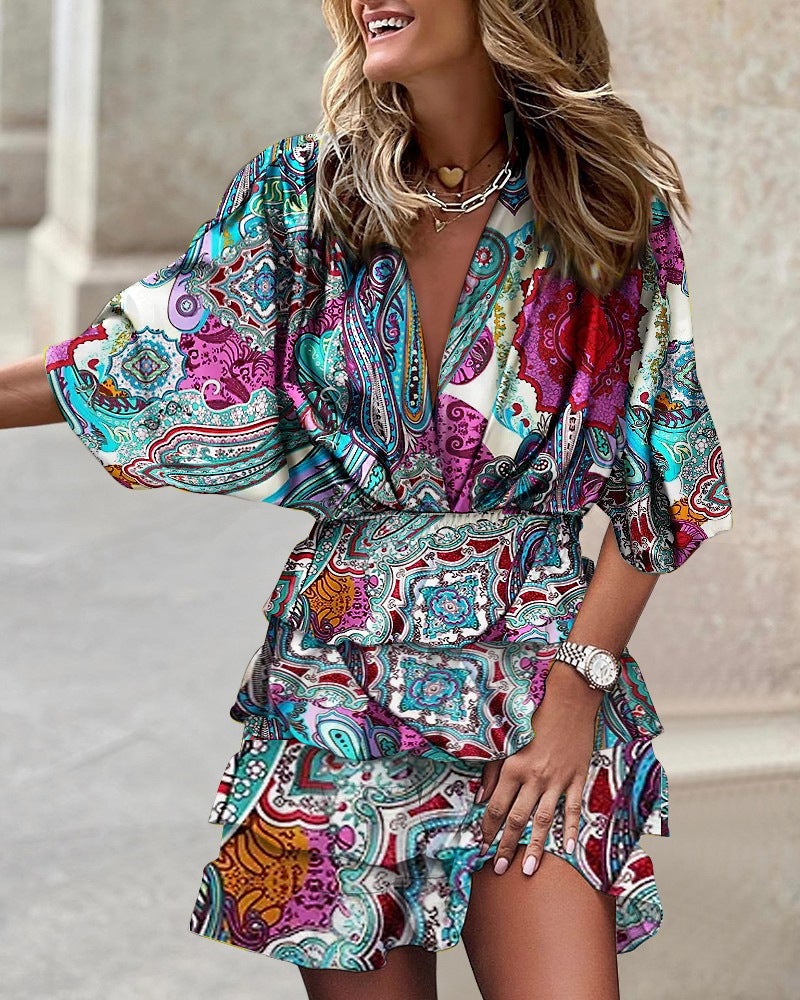 2022 V-Neck Batwing Sleeve Irregular Hem Dress Blue cashew flower