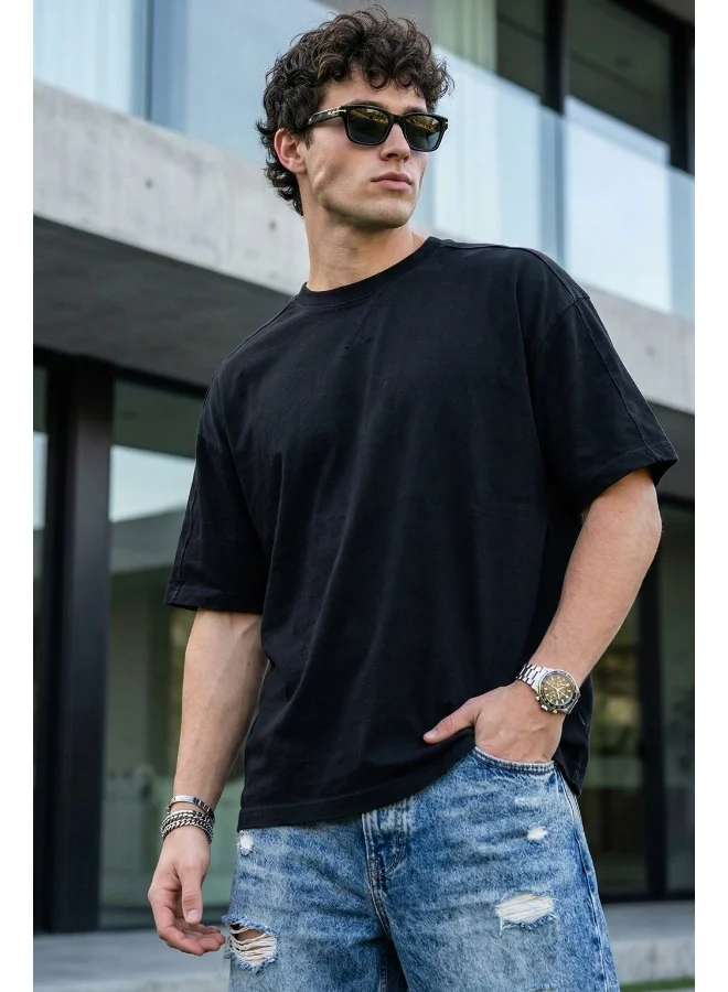 فيردو Veirdo®Black Oversized Baggy Fit Drop Shoulder Half Sleeves Round Neck Solid Pure Cotton T-Shirt for Men (OS_100_Black_XL)