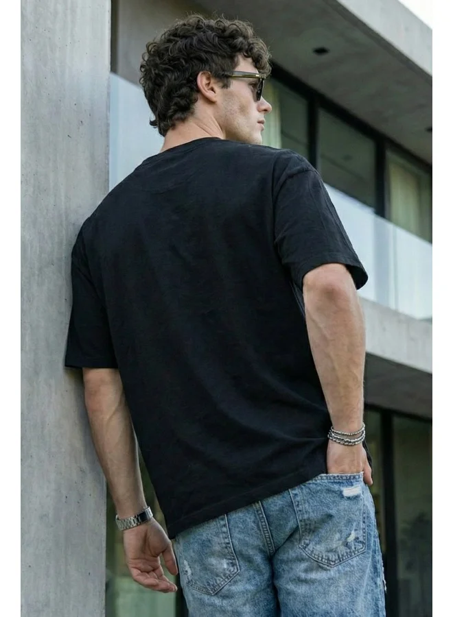 فيردو Veirdo®Black Oversized Baggy Fit Drop Shoulder Half Sleeves Round Neck Solid Pure Cotton T-Shirt for Men (OS_100_Black_XL)