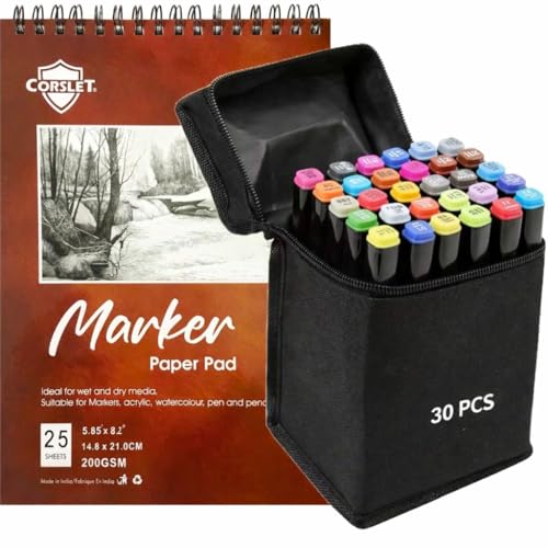 Corslet 30 Pc Dual Tip Alcoholic Set Colour Markers for Drawing Pens for Drawing Markers Alcohol rs with Marker Paper Pad Sketchbook Bleedproof 200gsm 50pages (25sheets) - Image 1