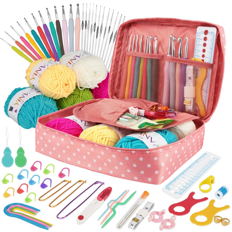 Crochet Hooks Set for Beginners Adults Crochet Kits Knitting Kit Ergonomic Metal Crochet Hooks 06mm8mm Knitting Accessories Tools Crochet Wool Yarn Storage Case Needles Crochet Starter KitPink