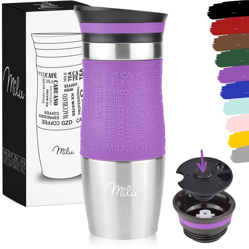 Milu Travel Mug 370ml 450ml  Insulated Coffee Cup to go  100 Leak Proof  Stainless Steel Drinking Mug  Car Mug Double Wall Insulation Thermo Coffee Flask Purple 370ml