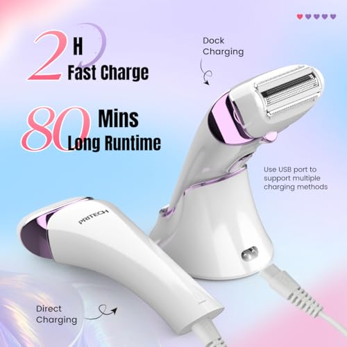 PRITECH Electric Razor for Women - Rechargeable Shaver for Women Portable Lady Shaver for Legs, Arm, Underarms, Bikini, USB Rechargeable, Wet & Dry Waterproof Bikini Trimmer for Woman, Purple - Image 5