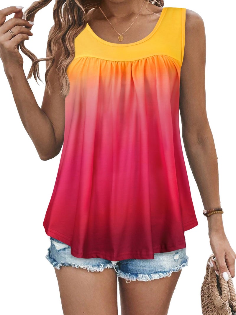 CHICGAL Womens Tank Tops Summer Sleeveless Blouse Crewneck Casual Loose Fit Tunic Shirt(Yellow Orange Pink, 2XL) - Image 1