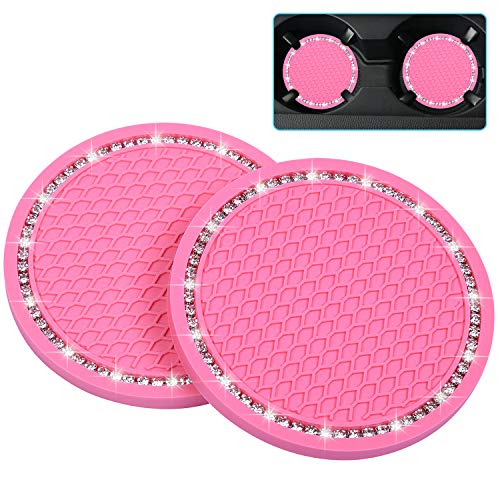 Wisdompro Bling Car Coasters, Wisdompro 2 Pack PVC Car Cup Holder Insert Coaster - Anti Slip Universal Vehicle Interior Accessories Crystal Glitter Cup Mats for Women and Men (2.75" Diameter, Pink) - Image 1