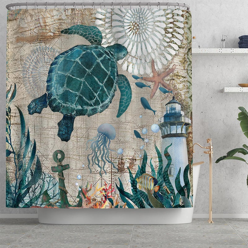Planially 4Pcs Sea Turtle Shower Curtain Sets, Ocean Turtle Bathroom Sets with Shower Curtain and Rugs Durable Waterproof Curtains with 12 Hooks - Image 4