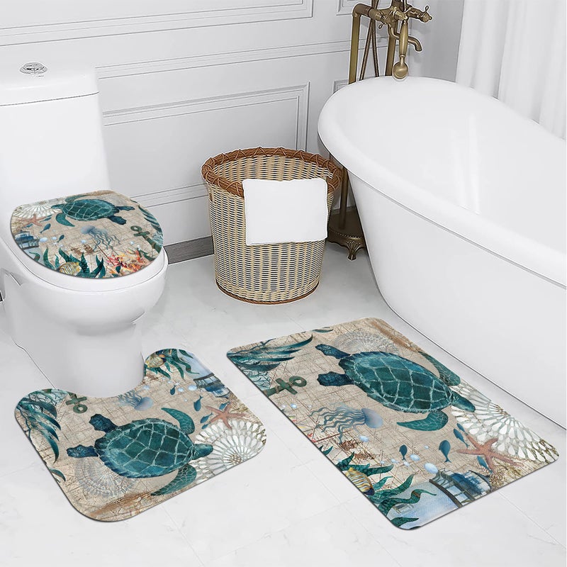 Planially 4Pcs Sea Turtle Shower Curtain Sets, Ocean Turtle Bathroom Sets with Shower Curtain and Rugs Durable Waterproof Curtains with 12 Hooks - Image 3