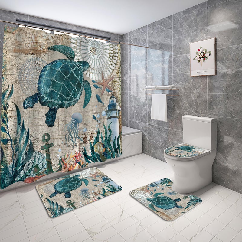 Planially 4Pcs Sea Turtle Shower Curtain Sets, Ocean Turtle Bathroom Sets with Shower Curtain and Rugs Durable Waterproof Curtains with 12 Hooks - Image 1