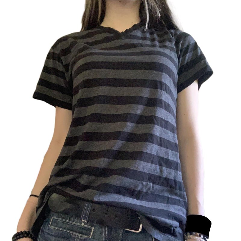 Women Y2k Gothic Striped Tees Short Sleeve Crew Neck Casual Loose Grunge Top Aesthetic Emo Clothes StripeBlue M