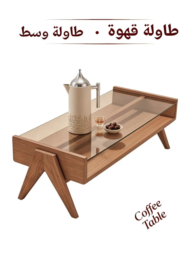 ChenDa Double‑Tier Rectangular Coffee Table & Center Table, Wood Frame with Amber‑Tinted Tempered Glass and Storage Base, Suitable for Home Living Rooms, Office Lounges and Other Settings - Image 1