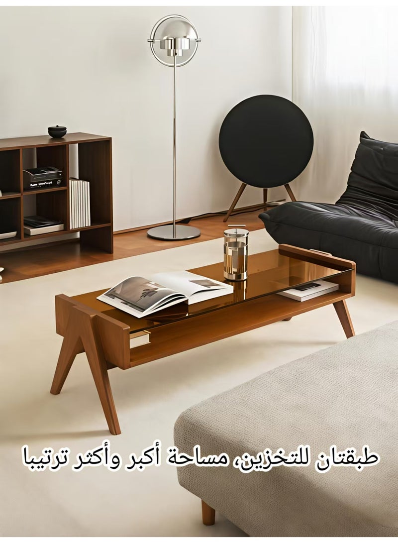 ChenDa Double‑Tier Rectangular Coffee Table & Center Table, Wood Frame with Amber‑Tinted Tempered Glass and Storage Base, Suitable for Home Living Rooms, Office Lounges and Other Settings - Image 3