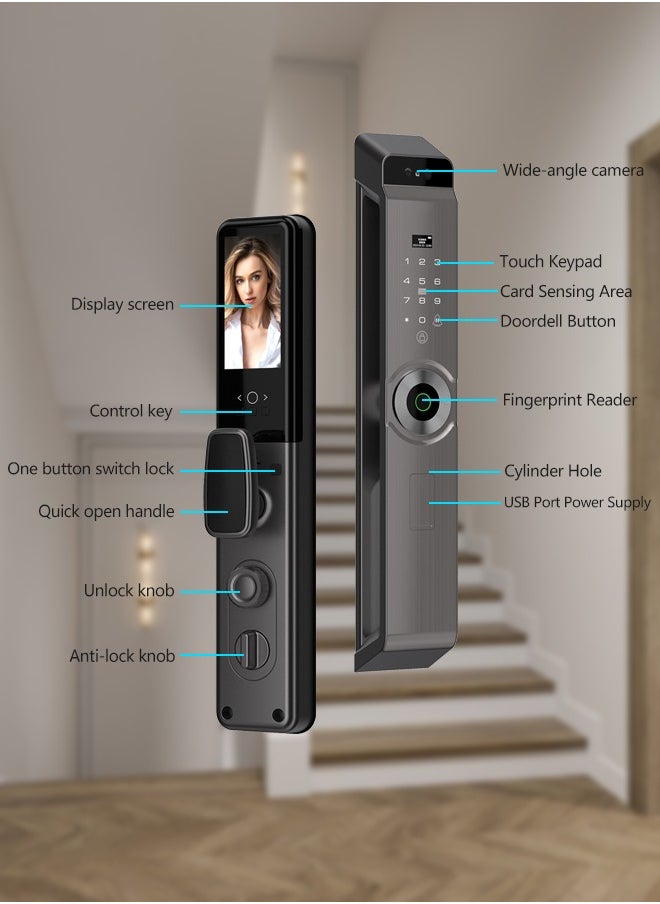 ALINK - Smart Lock with Camera, Palm Print Recognition Lock,  WiFi Video Intercom Lock,  Two way audio, Fingerprint Door Lock ,Tuya APP Remote Control,Model M12grey, Mortise 6068 - Image 1