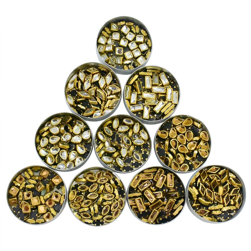Embroiderymaterial Flat Back Glue On Kundan Stone/Rhinestones Beads for Craft, Jewellery Making, Embroidery, Embellishment, Toran Making (10 Styles-Gold and Silver Color, 500 Pieces) - Image 1