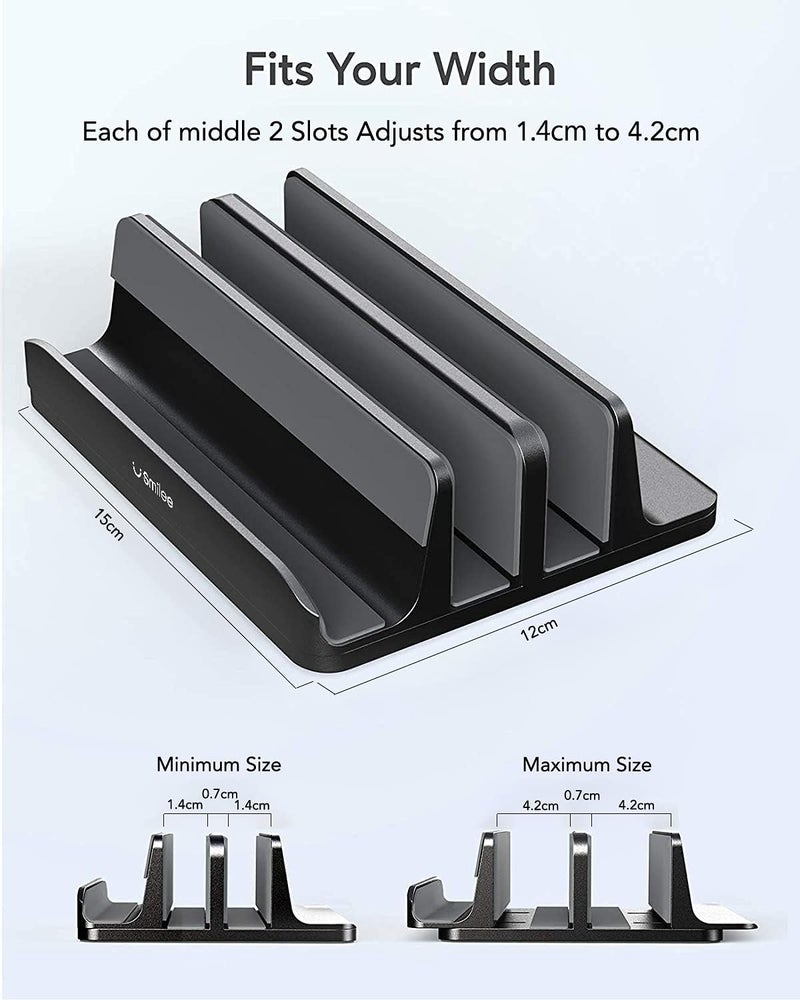 Smilee Vertical Laptop Stand for Desk - Heavy Duty Aluminum Holder for Laptop, Tablet, and Phone (3 Slots, Black) - Image 3