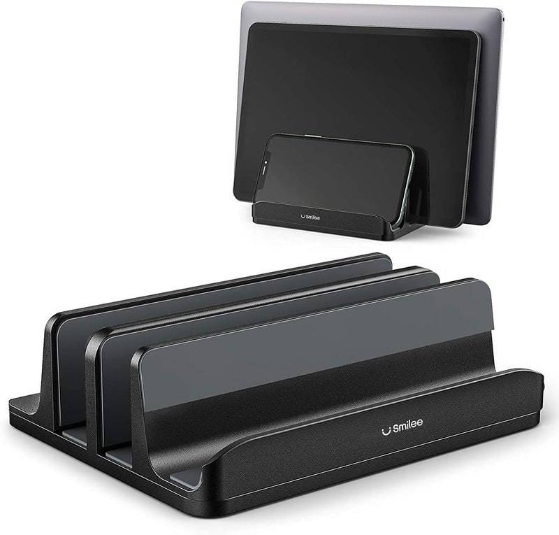 Smilee Vertical Laptop Stand for Desk - Heavy Duty Aluminum Holder for Laptop, Tablet, and Phone (3 Slots, Black) - Image 1
