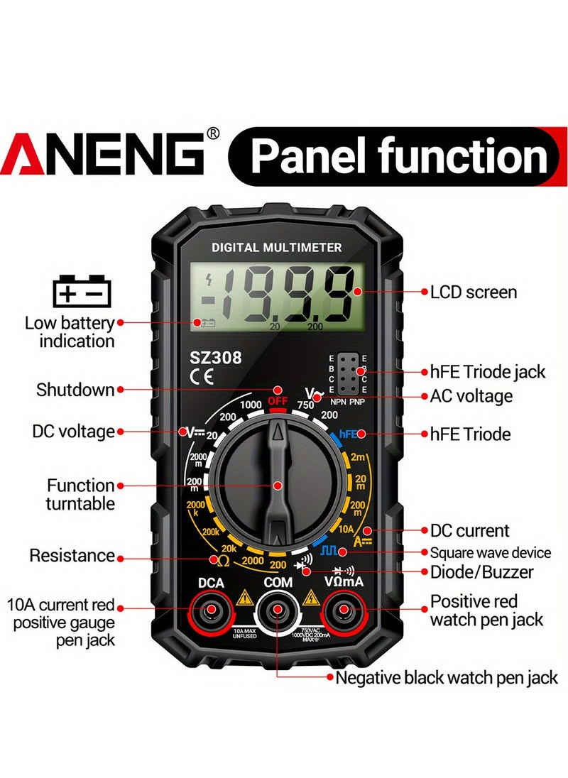 ANENG SZ308 Digital Multimeter, High Precision Electrical Maintenance Tester, AC/DC Voltage Current Resistance Multifunction Meter, Battery Powered (Without Battery), ≤36V Operating Voltage  - Image 2