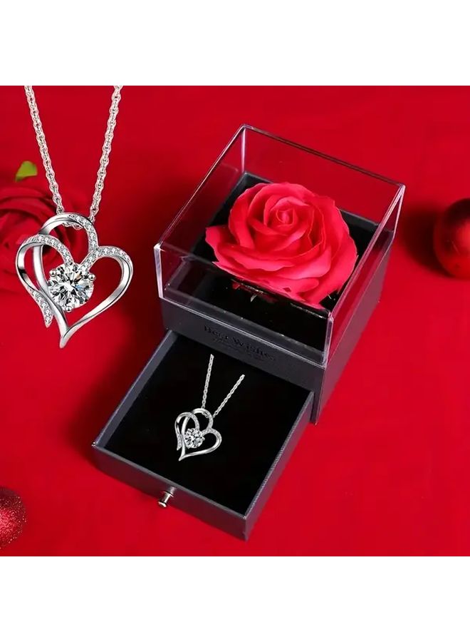 Black Preserved Rose Gift Box Set With Heart Necklace For Valentines Day - Image 2