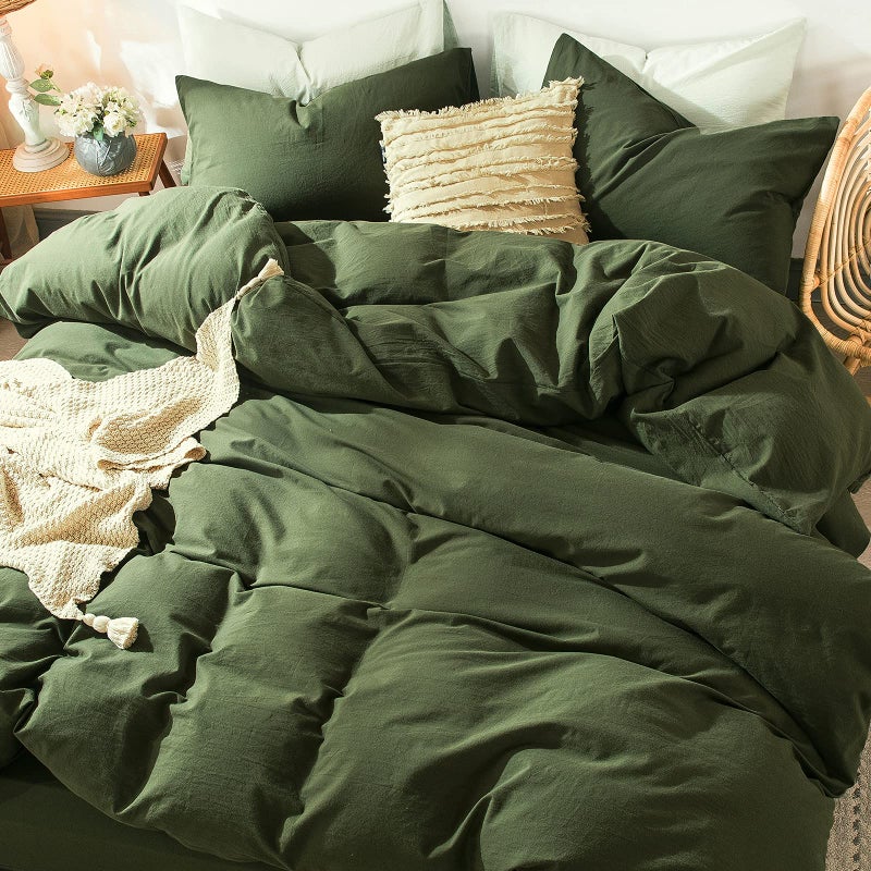 MooMee Bedding Duvet Cover Set 100% Washed Cotton Linen Like Textured Breathable Durable Soft Comfy (Olive Green, King) - Image 5