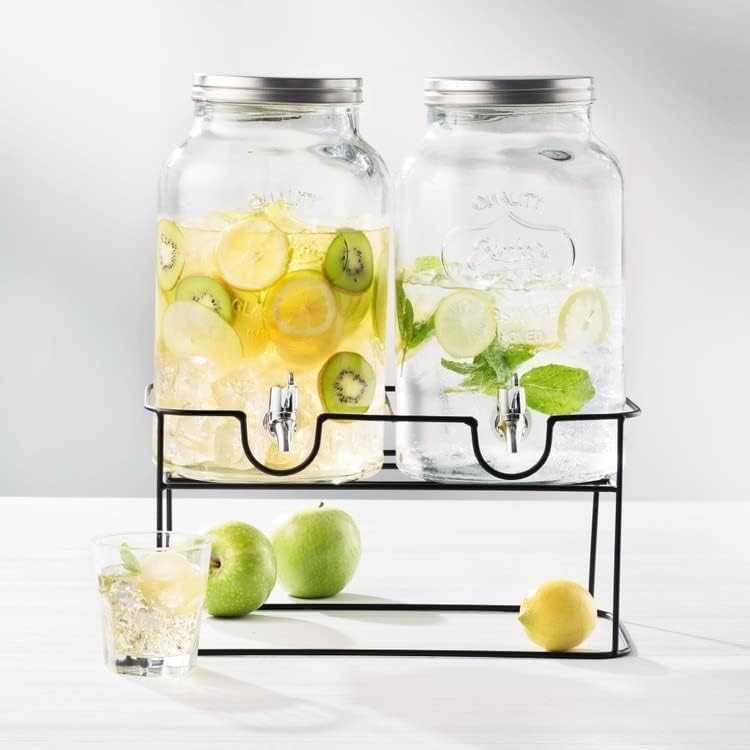 Bellemax 3 Litre (Set of 2) Glass Iced Drink Dispenser with Spout & Tap, Steel Lid and Stand, Cold Beverage Dispenser for Water, Cocktails, Detox Drinks & More, Perfect for Parties & Events (BS-10) - Image 2