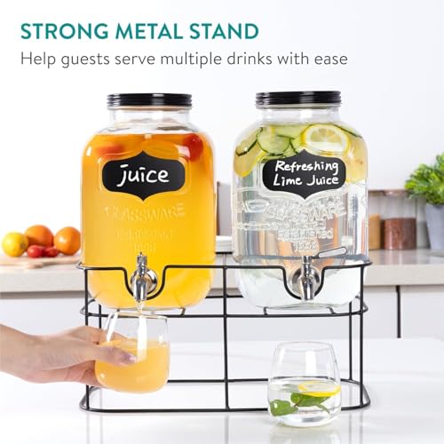 Bellemax 3 Litre (Set of 2) Glass Iced Drink Dispenser with Spout & Tap, Steel Lid and Stand, Cold Beverage Dispenser for Water, Cocktails, Detox Drinks & More, Perfect for Parties & Events (BS-10) - Image 5