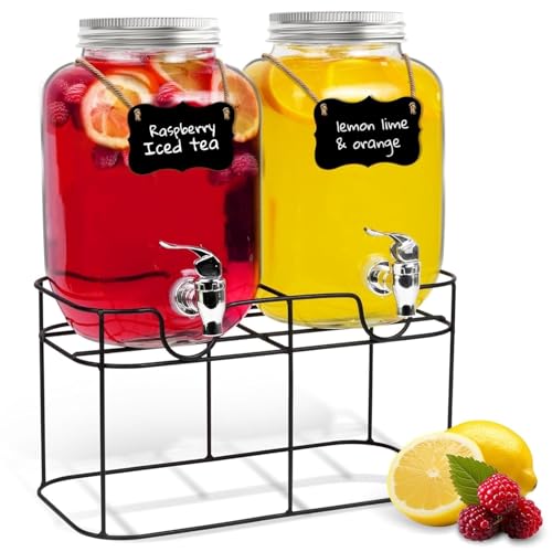 Bellemax 3 Litre (Set of 2) Glass Iced Drink Dispenser with Spout & Tap, Steel Lid and Stand, Cold Beverage Dispenser for Water, Cocktails, Detox Drinks & More, Perfect for Parties & Events (BS-10) - Image 1