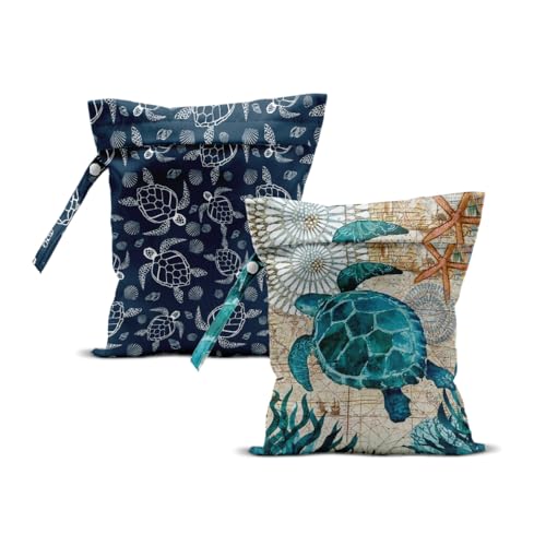 ZHAMEN 2Pcs Turtle Wet Bag 12x10 Inch, Starfish Waterproof Reusable Wet Dry Bags, Sea Weed Washable Travel Laundry Bags for Swimsuit Beach Diapers Dirty Yoga Gym Clothes, Sea Turtle Gifts for Women Friend - Image 1