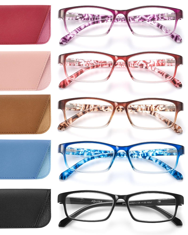 JOLISU Reading Glasses for Women: 5 Pack Blue Light Blocking Readers for Small Face, Lightweight Spring Hinge Anti-Glare(Purple+Rose Red+Caramel+Blue+Black, 1.75) - Image 1