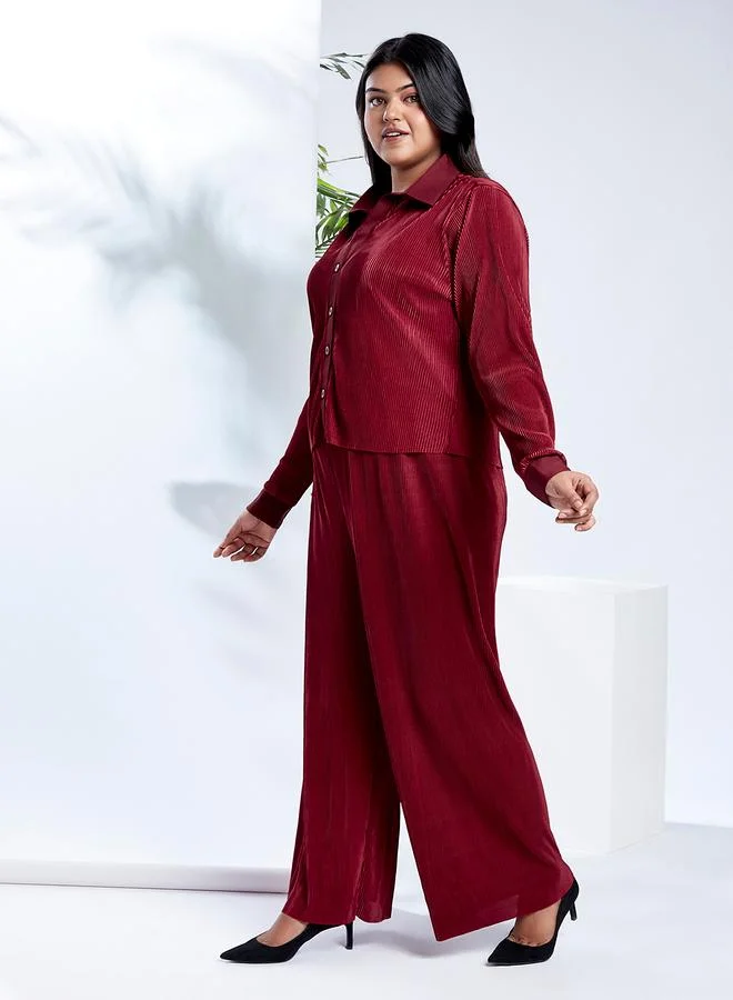 globus Globus Maroon Plus Size Buttoned Shirt and Trousers Co-Ords