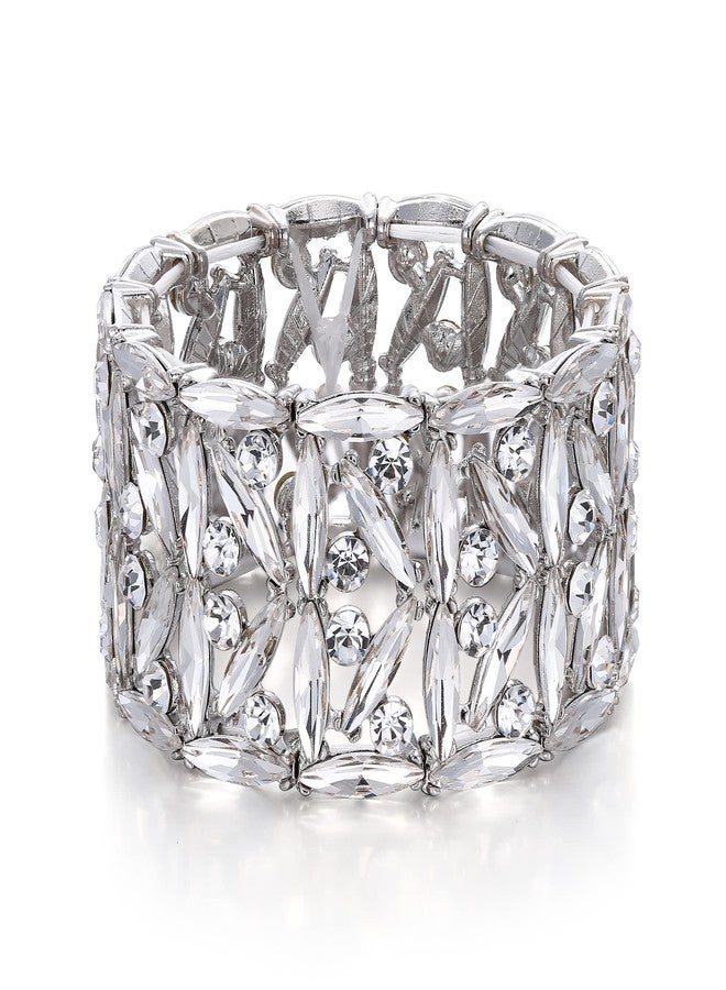 BriLove Wedding Bridal Marquise Rhinestones Cluster Stretch Bangle Bracelet for Bride Clear Silver-Tone - Image 1