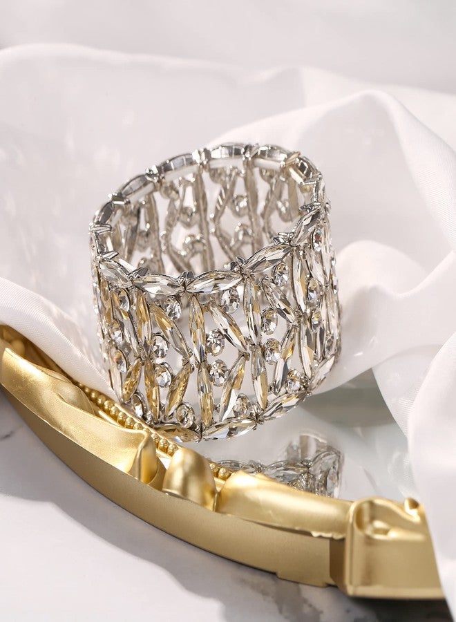 BriLove Wedding Bridal Marquise Rhinestones Cluster Stretch Bangle Bracelet for Bride Clear Silver-Tone - Image 5