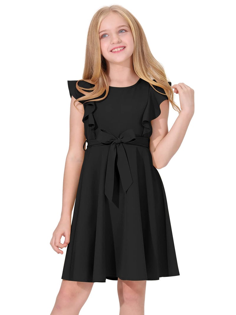 Quedoris Girls Ruffle Trim Sleeveless Belted Dress with Zipper Black 150Y - Image 1
