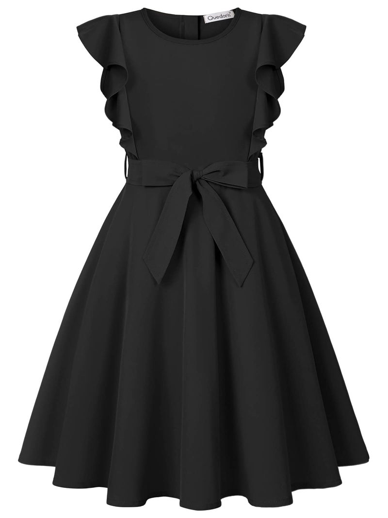 Quedoris Girls Ruffle Trim Sleeveless Belted Dress with Zipper Black 150Y - Image 3
