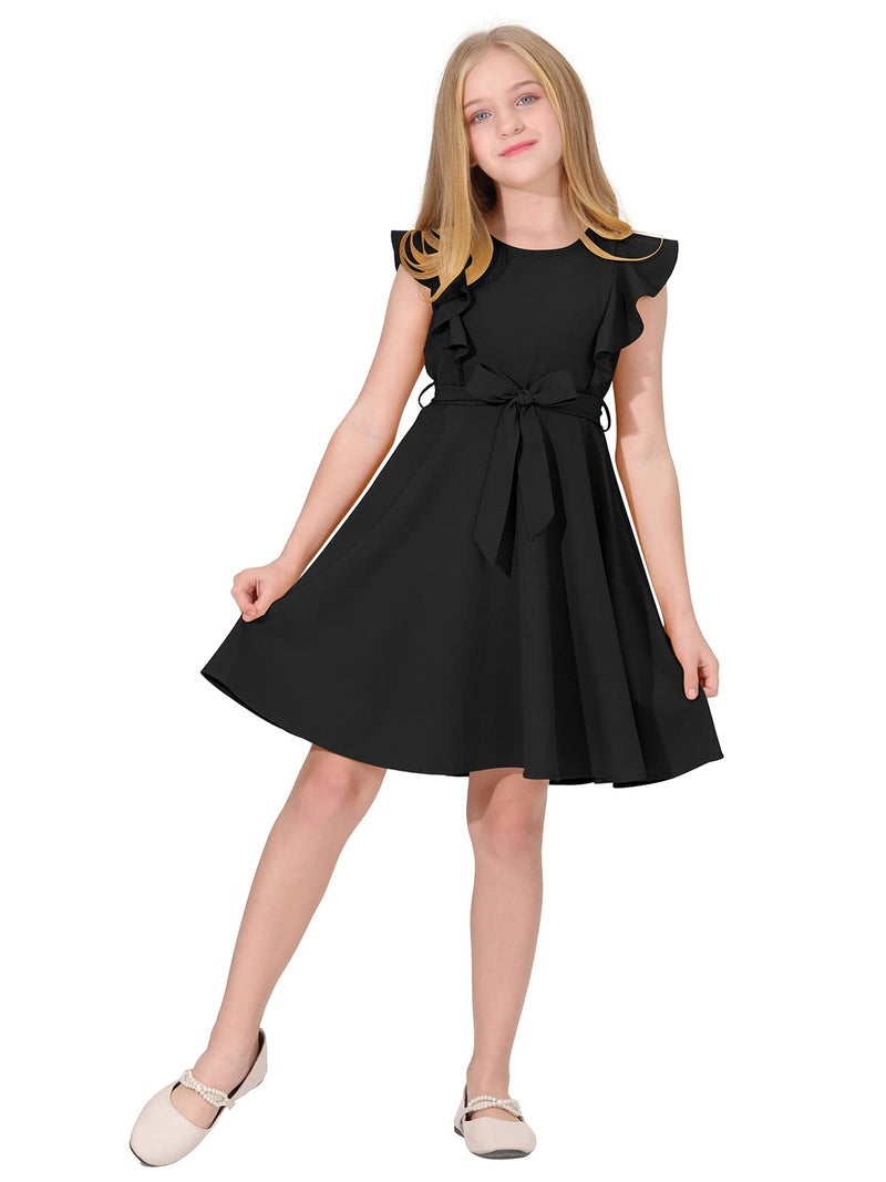 Quedoris Girls Ruffle Trim Sleeveless Belted Dress with Zipper Black 150Y - Image 2