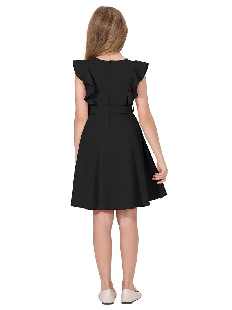 Quedoris Girls Ruffle Trim Sleeveless Belted Dress with Zipper Black 150Y - Image 4