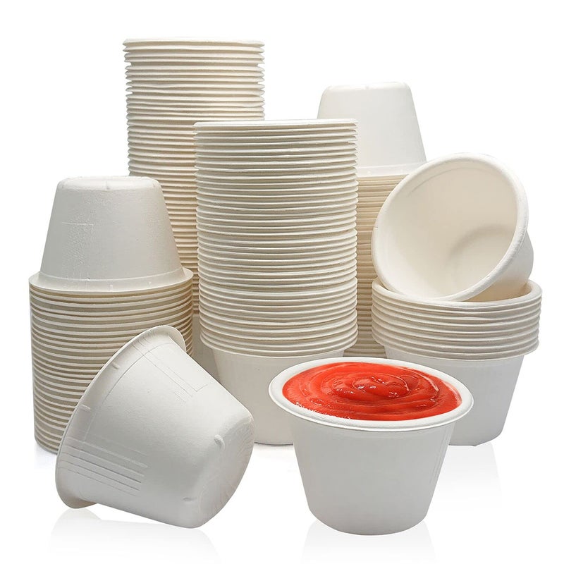 Goiio 200 Pack 4 OZ Disposable Bagasse Fiber Souffle Cups Compostable Portion Cups For Dips Jams Honey Sauces Nuts
