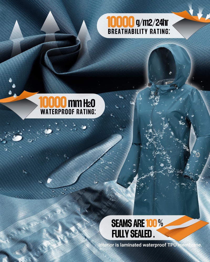 Outdoor Ventures Women's Waterproof Long Rain Coats Packable Lightweight Rain Jacket With Hood Windproof Trench Coats - Image 3