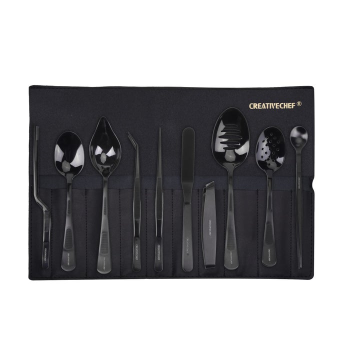 10 PCS PLATING TOOLS CULINARY SET CONTAINS KITCHEN TWEEZERS SPATULA SAUCE PLATING SPOONBLACK