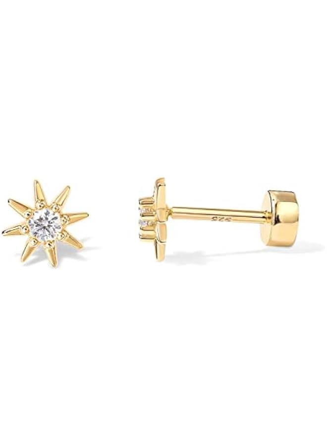 PAVOI 14K Gold Plated Solid 925 Sterling Silver Post Flat Back Stud Earrings for Women | Cartilage Helix Piercing | Cubic Zirconia Earrings - Image 1