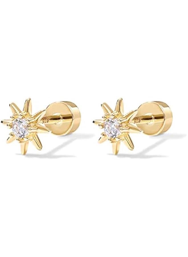 PAVOI 14K Gold Plated Solid 925 Sterling Silver Post Flat Back Stud Earrings for Women | Cartilage Helix Piercing | Cubic Zirconia Earrings - Image 3