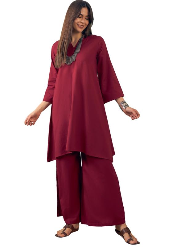 InWeave BURGUNDY V NECK LONG FULL SLEEVE KURTA PALAZZO SET - Image 1