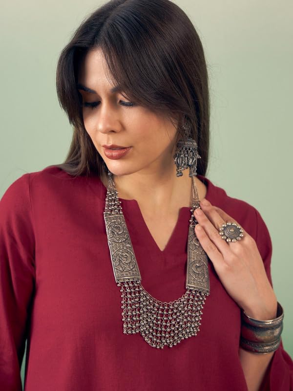 InWeave BURGUNDY V NECK LONG FULL SLEEVE KURTA PALAZZO SET - Image 4