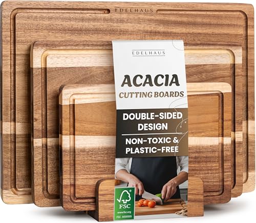 Acacia Wood Cutting Board for Kitchen NonToxic Cutting Board Set of 3 Chopping Boards with Deep Juice Groove for Meat Cheese  Vegetables  Durable  Double sided with serving Compartments