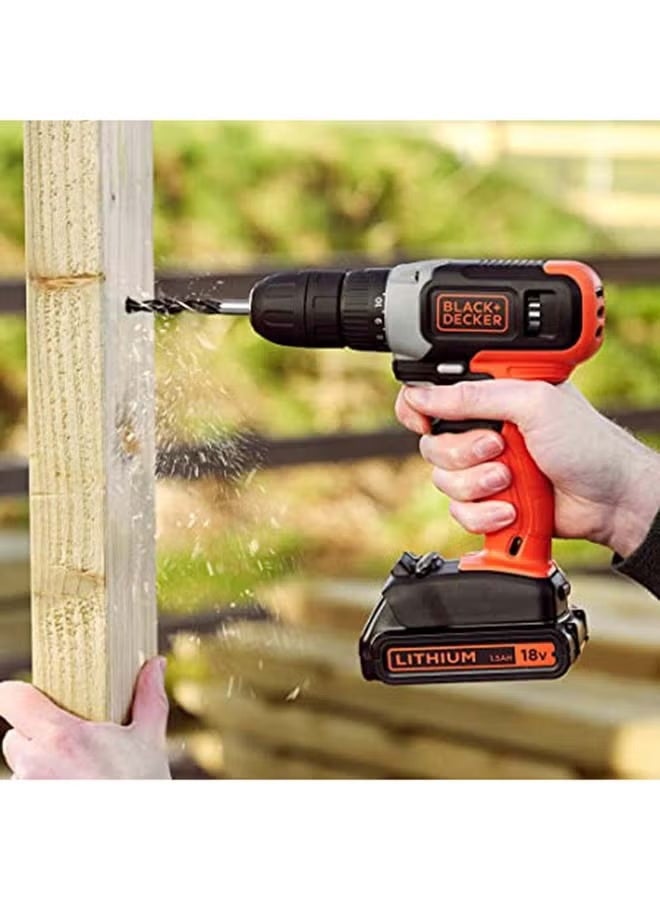 بلاك اند ديكر مثقاب لاسلكي - 18 فولت - 1.5Ah - بطارية ليثيوم أيون - مدمج وخفيف الوزن - قابض بـ 11 وضعية - 0-600 دورة في الدقيقة - مزود بمشبك للرؤوس - إضاءة LED - للحفر في الخشب والتثبيت - باللون البرتقالي/الأسود - BCD001C1-GB - Image 2