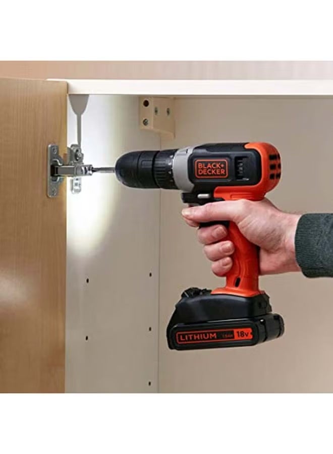 بلاك اند ديكر مثقاب لاسلكي - 18 فولت - 1.5Ah - بطارية ليثيوم أيون - مدمج وخفيف الوزن - قابض بـ 11 وضعية - 0-600 دورة في الدقيقة - مزود بمشبك للرؤوس - إضاءة LED - للحفر في الخشب والتثبيت - باللون البرتقالي/الأسود - BCD001C1-GB - Image 4