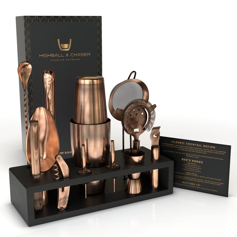 Highball Chaser Bartender Kit with Black Bamboo Stand Beautiful Cocktail Shaker Set and Bar Tools Stainless Steel Boston Shaker Bartender Kit with Stand Antique Copper