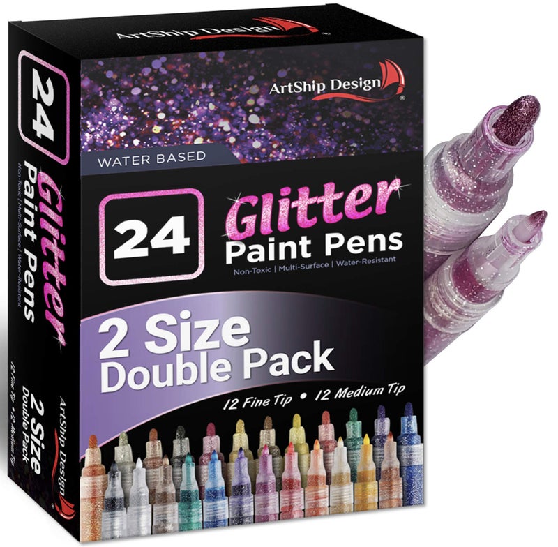 ArtShip Design 24 Glitter Paint Pens, Double Pack of Both Extra Fine and Medium Tip Paint Markers, for Rock Painting, Mug, Ceramic, Glass, and Fabric Painting, Water Based Non-Toxic and No Odor - Image 1
